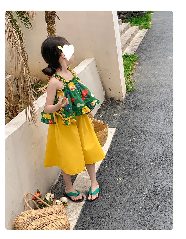 Children's Clothing Sets Cartoon Print Halter Top + Wide-leg Pants 2pcs Toddler Clothes for 2 To 7years Kids Boutique Clothes