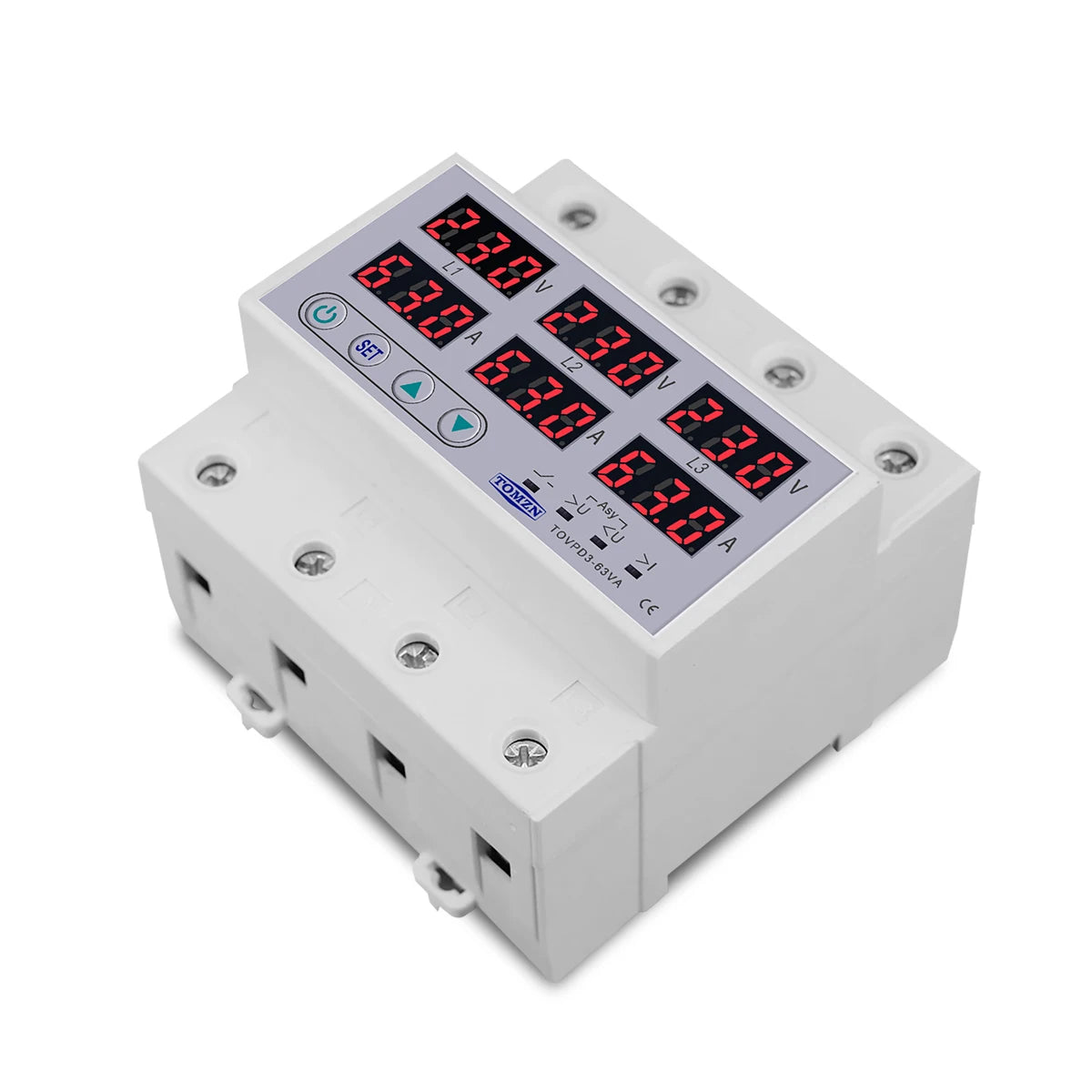 TOMZN TOVPD3-63VA Din Rail 3 Phase Adjustable Over and Under Voltage Protector relay with current protection 3*220V 380V