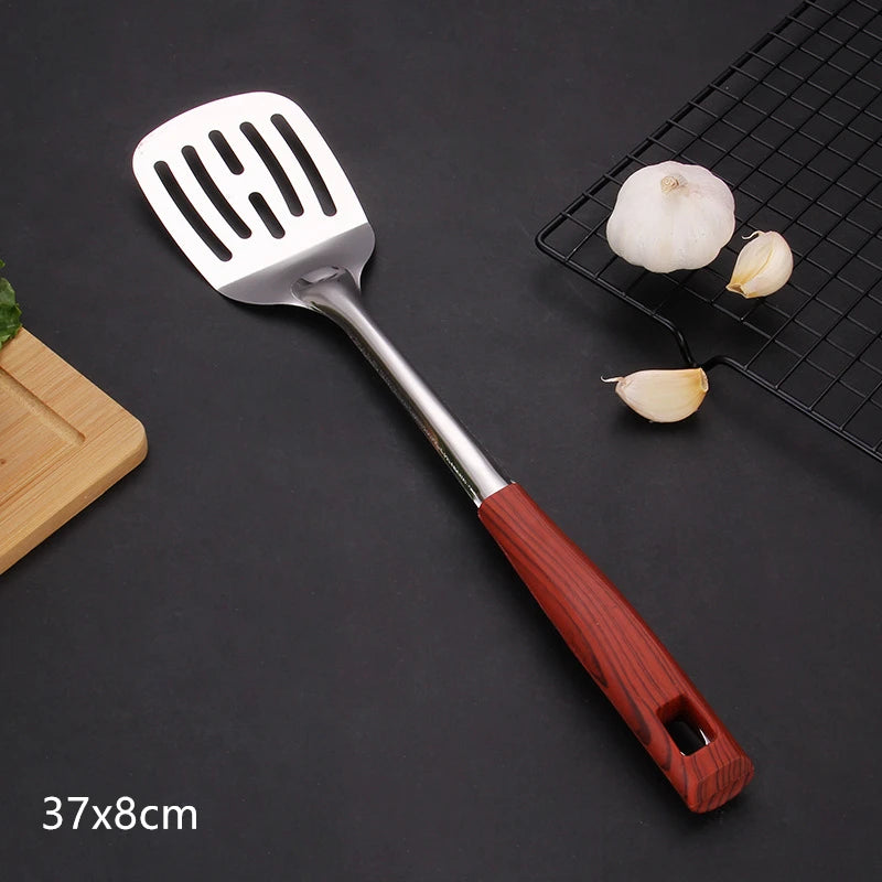 Wooden Handle Frying Spatula Tongue Spoon Stainless Steel BBQ Meat Fork Colander Home Cooking Pots Set Kitchen Accessories