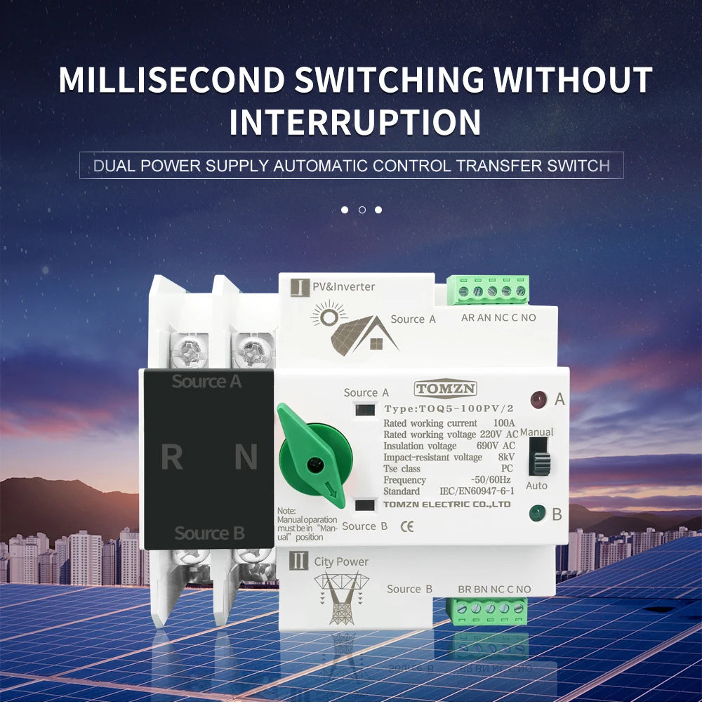 Single Phase Din Rail ATS for PV and inverter Dual Power Automatic Transfer Selector Switches Uninterrupted 2P 63A 100A 125A