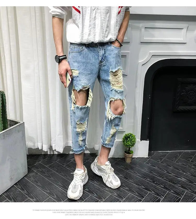 Men Jeans Knee Hole Ripped Stretch Skinny Denim Pants Solid Color  Autumn Summer Hip-Hop Style Slim Fit Trousers 2023 pantalones