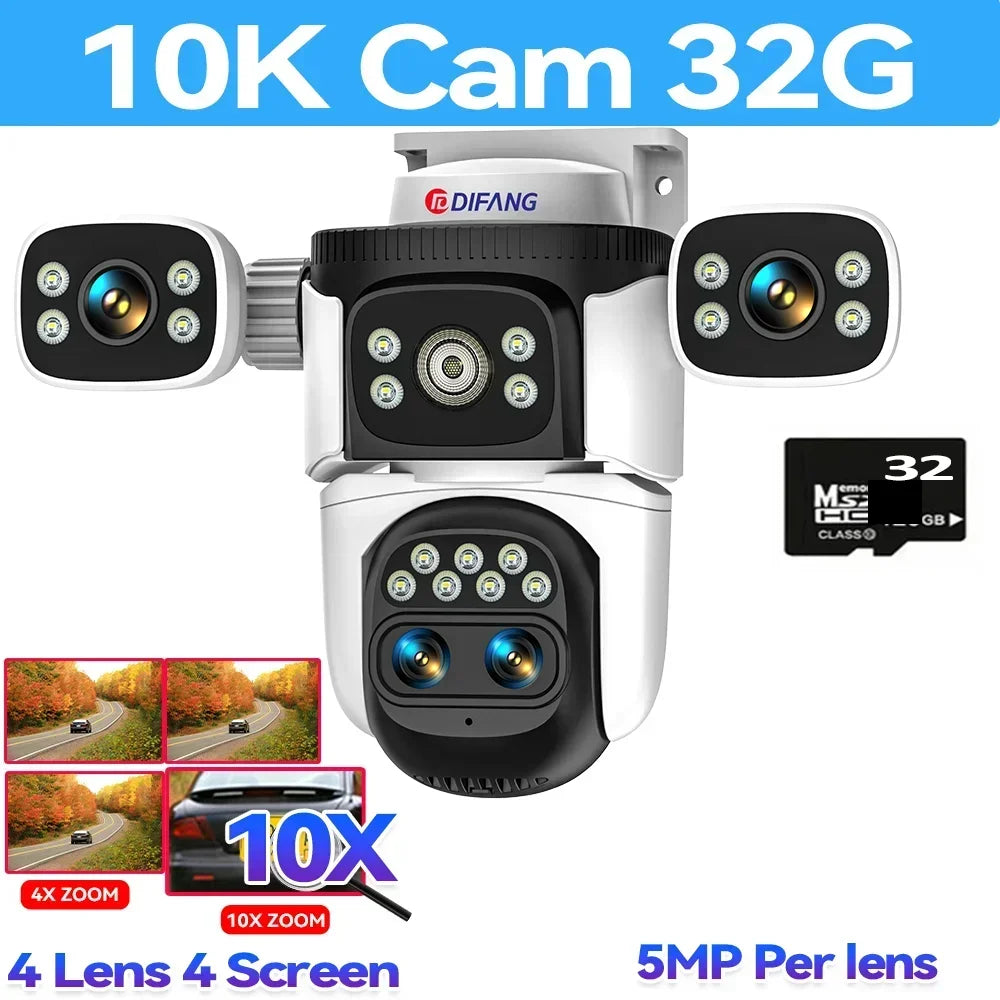 10K 20MP Home Security WiFi Camera Four Len Four Screen 360° PTZ 10X Zoom CCTV Wireless Surveillance IP Cam Security Protection