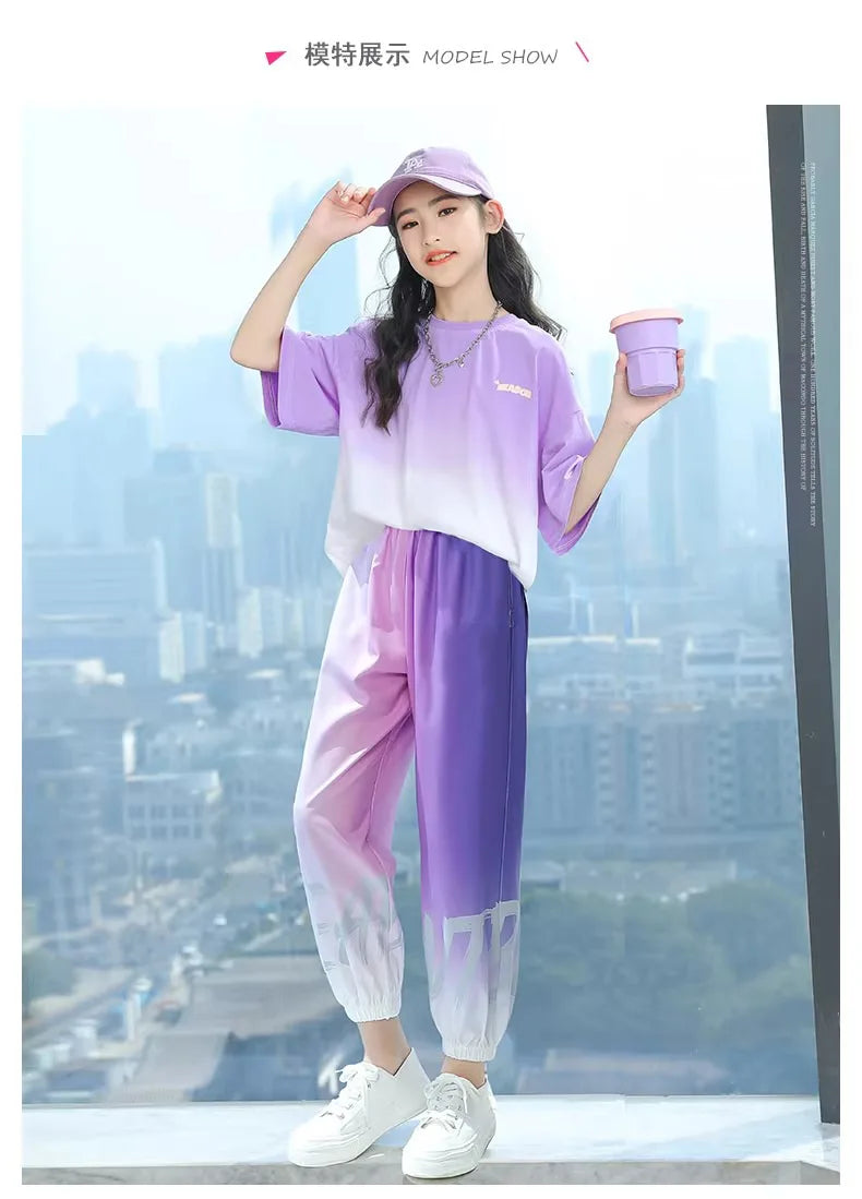 Children Clothes Girl Kids Top and Bottom Clothes Set Purple Gradient Color 2-piece Casual Sports Street Style Suit