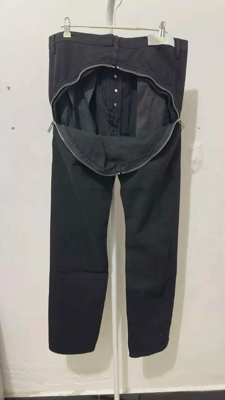 HKSH Men's Tide Streetwear Jeans RO Style Women's Autumn Winter Urban Spiral Track Twisted Large Zipper Dark Denim Pants HK1407