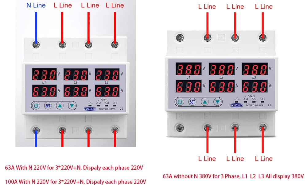 TOMZN TOVPD3-63VA Din Rail 3 Phase Adjustable Over and Under Voltage Protector relay with current protection 3*220V 380V