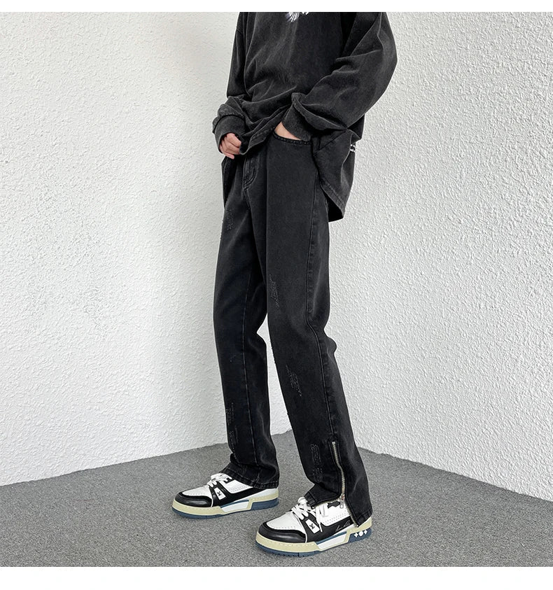 2024 Spring New Style Korean Style Men Fashionable Retro Street Jeans Zip Design on Trouser Legs Straight-leg Denim Pants Black