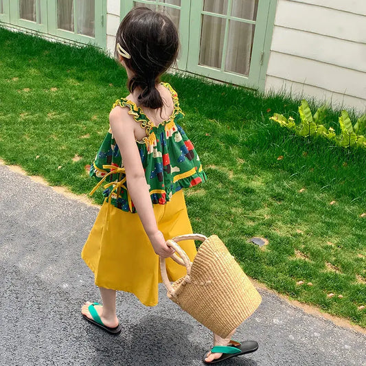 Children's Clothing Sets Cartoon Print Halter Top + Wide-leg Pants 2pcs Toddler Clothes for 2 To 7years Kids Boutique Clothes