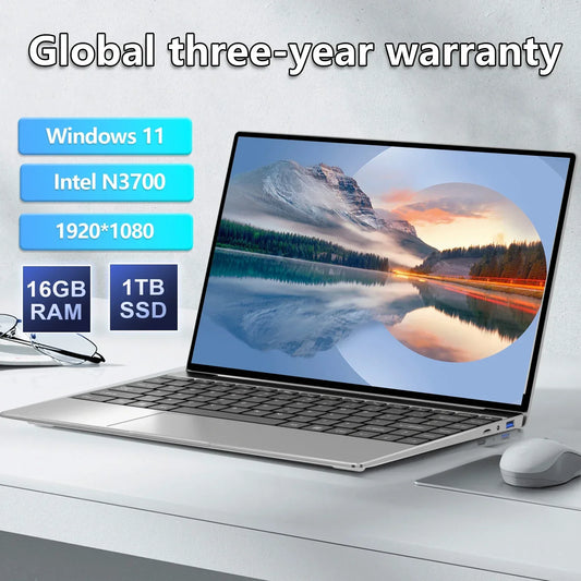 14.1" Laptop Windows 11 Pro Ultra Slim Notebook Gamer Intel Pentium N3700 16GB 1024GB 1920*1080 Display Office Study Computer PC