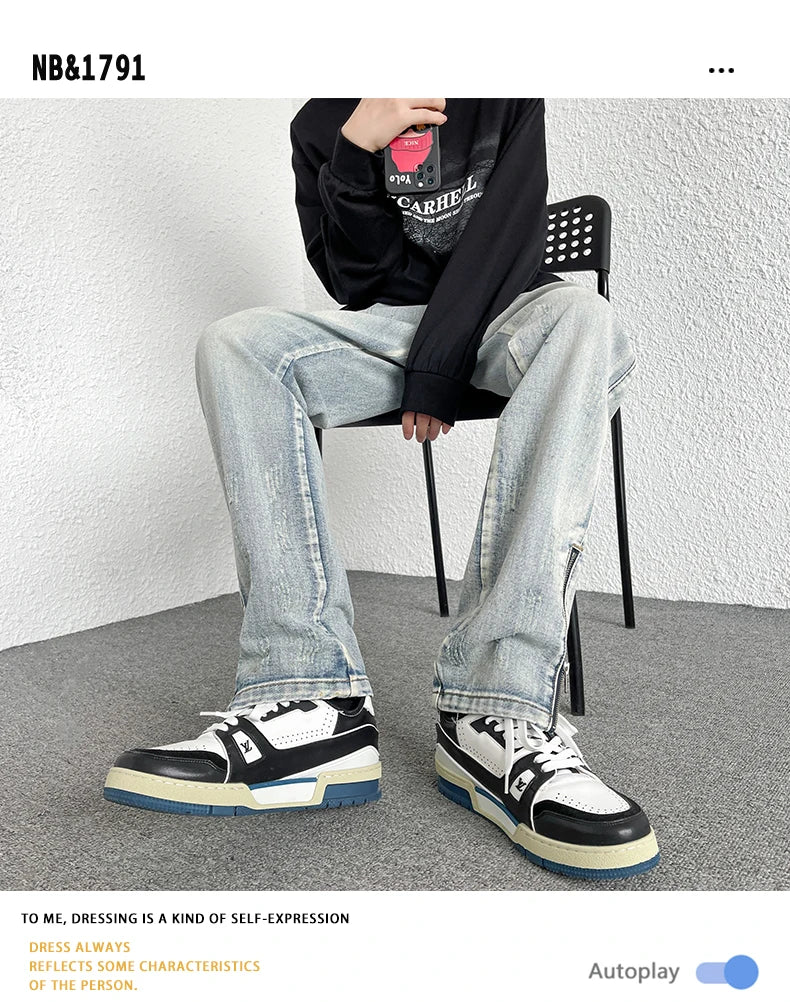 2024 Spring New Style Korean Style Men Fashionable Retro Street Jeans Zip Design on Trouser Legs Straight-leg Denim Pants Black