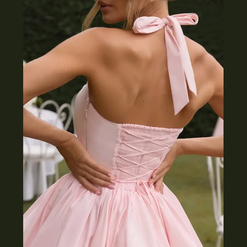 Sexy Lace-up Backless Pleated Halter Mini Dress Women Fashion Off Shoulder Puff Hem A-line Dresses 2025 Summer Lady Partywear