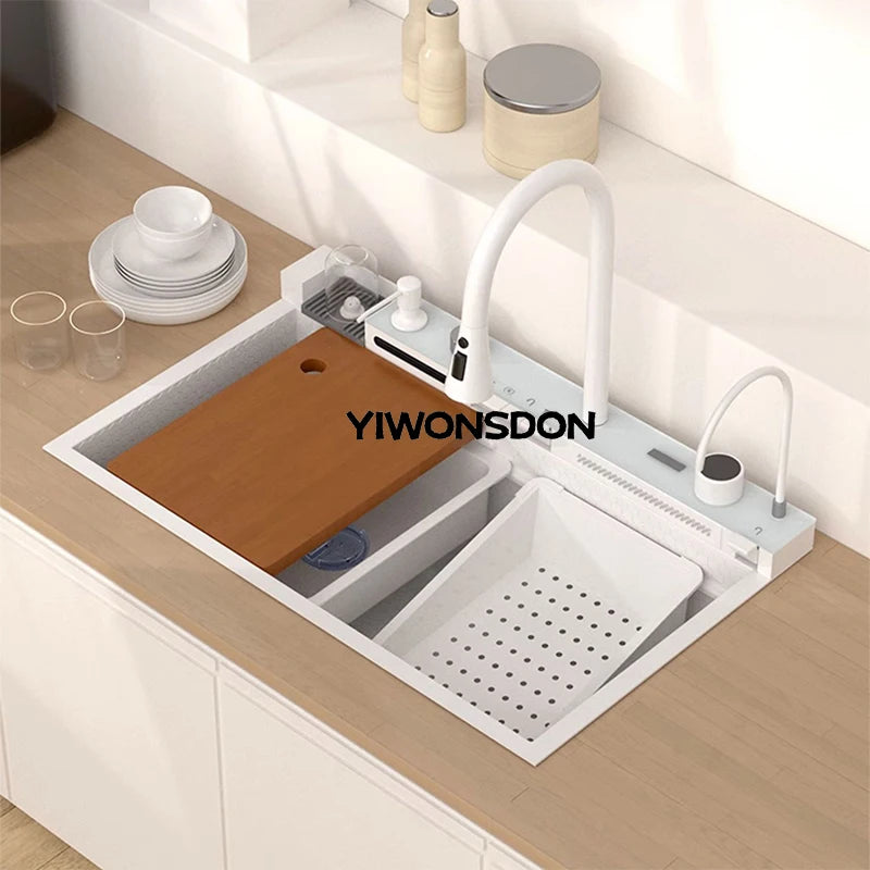Nano Multifunctional Kitchen Sink Large Single Slot Integrated Digital Display Waterfall Faucet Soap Dispenser Cup Washer Pure