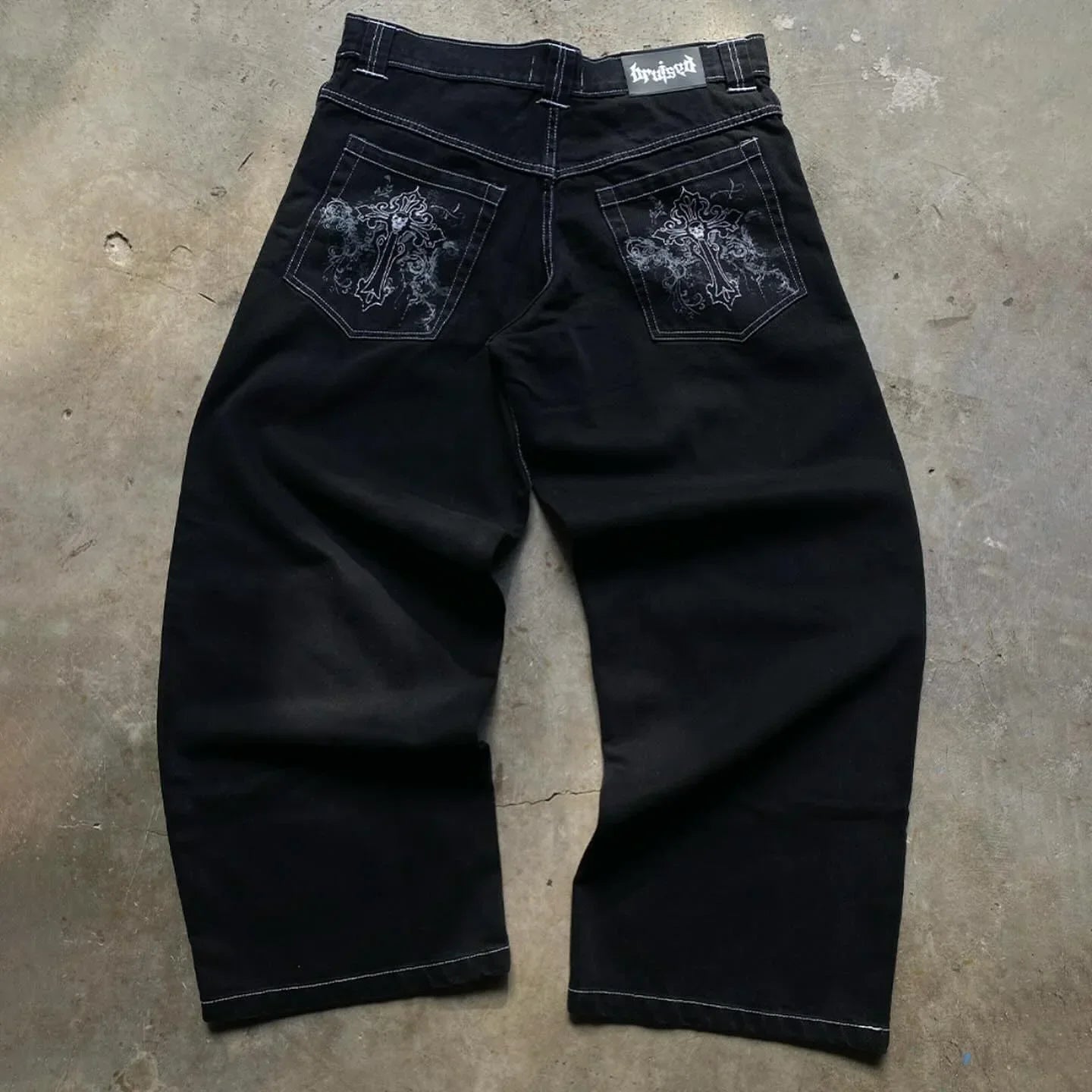 Skull bone print pattern oversized loose jeans men's Y2K street hip-hop Harajuku fashion high waist wide leg straight leg women