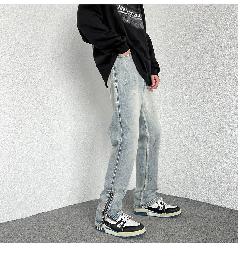 2024 Spring New Style Korean Style Men Fashionable Retro Street Jeans Zip Design on Trouser Legs Straight-leg Denim Pants Black