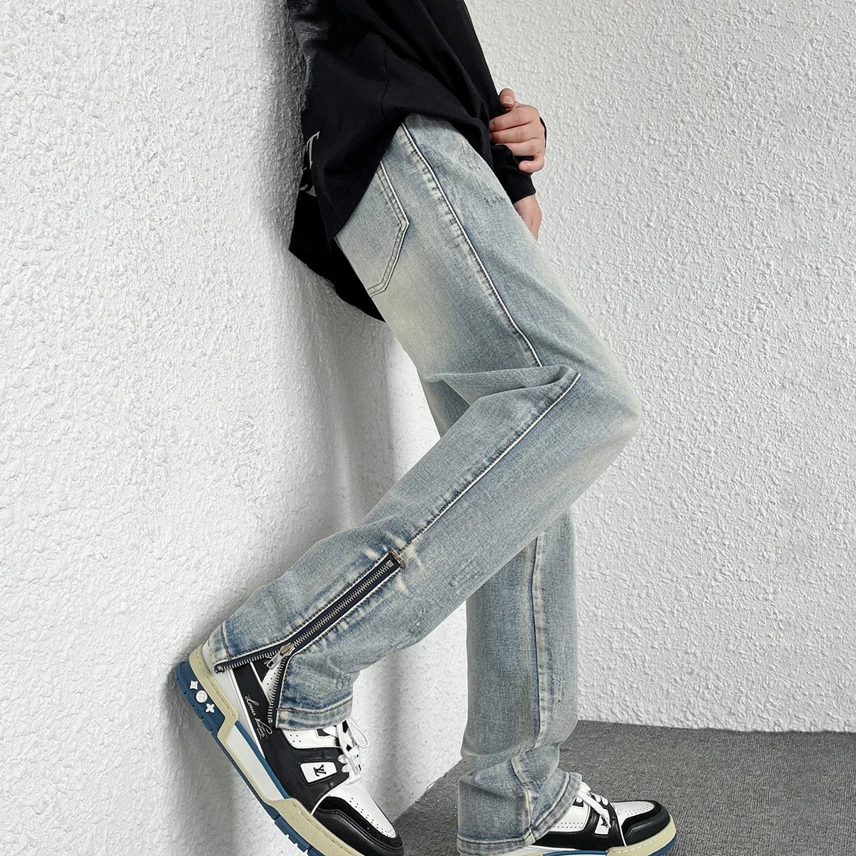 2024 Spring New Style Korean Style Men Fashionable Retro Street Jeans Zip Design on Trouser Legs Straight-leg Denim Pants Black