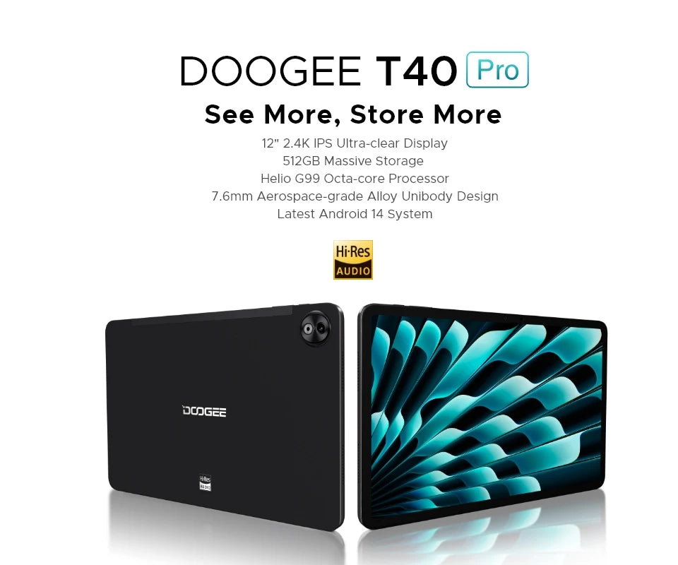 World Premiere DOOGEE T40 Pro Tablet 12" IPS 2.4K 20GB(8+12) 512GB Android 14 Helio G99 6nm 10800mAh 18W Charge 7.6mm ultra-thin