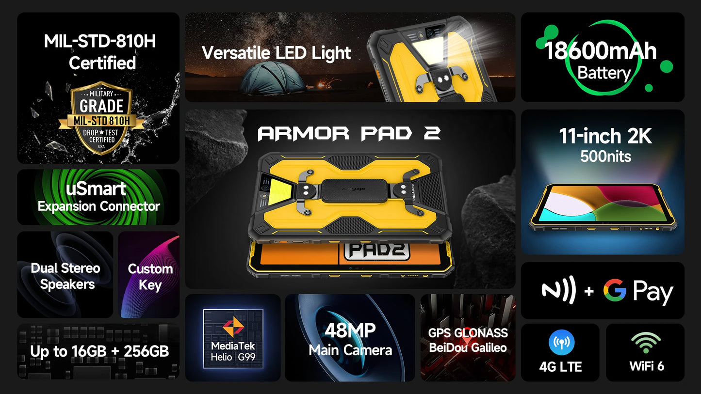 Ulefone Armor Pad 2 Rugged Tablet , 11" 2K , 18600 mAh ,IP68/IP69K Android 13 NFC GPS 4G Tablet Up to 16GB RAM 256GB ROM