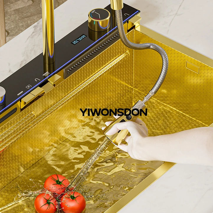 Nano Multifunctional Kitchen Sink Large Single Slot Integrated Digital Display Waterfall Faucet Soap Dispenser Cup Washer Pure