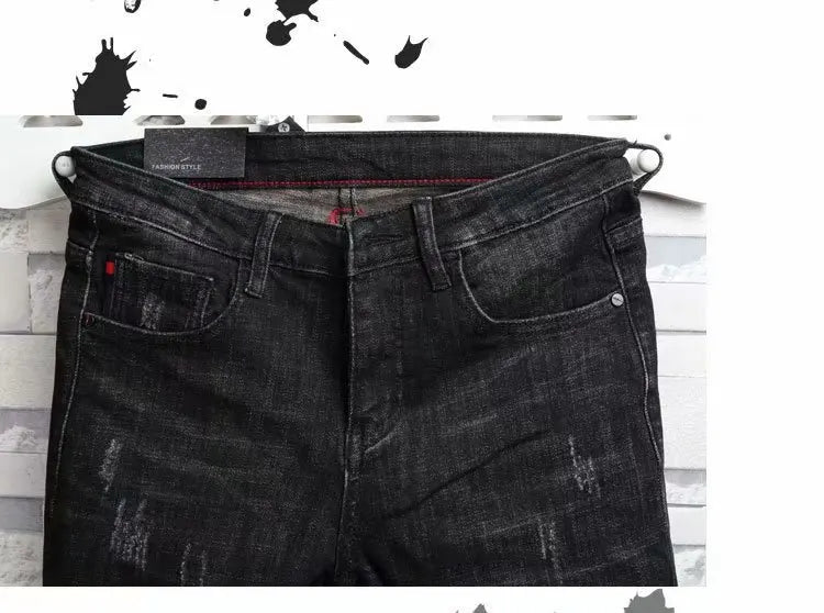 Man's Summer New Elastic Slim Fit Korean Spirit Guy Leggings Skinny Black Denim Jeans Casual Men Designer Ripped Pants
