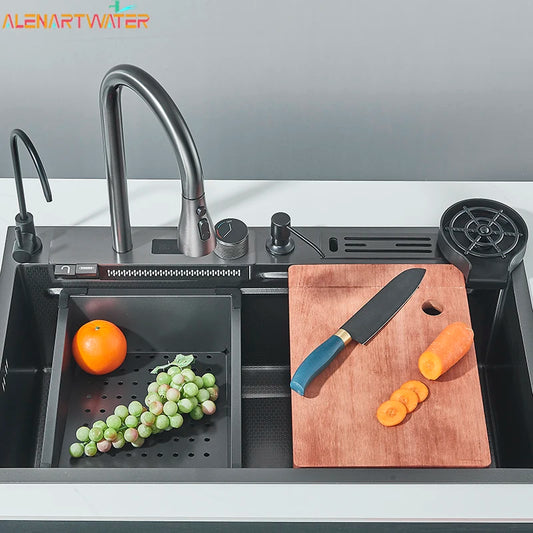 Stainless Steel Kitchen Waterfall Sink Digital Display Large Single Sink Dish Basin Sink With Multifunction Touch Waterfall
