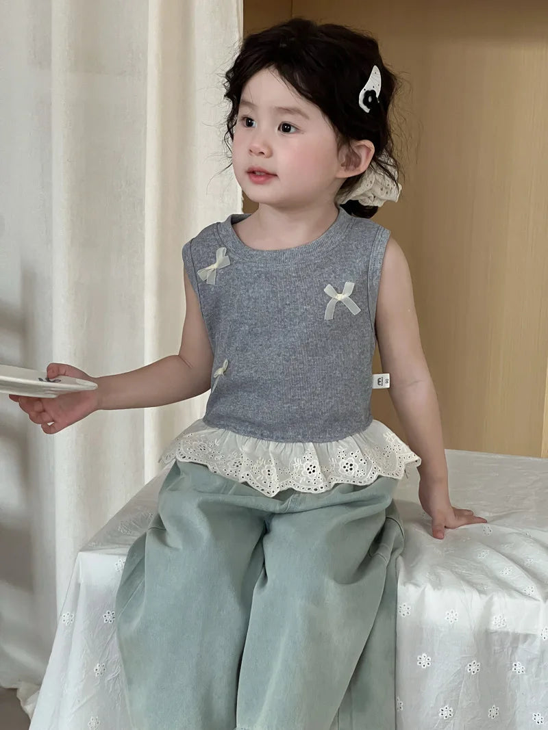 Children Clothes Girl 1-8 Y Baby Girls Clothes Cotton Sleeveless Top with Bowknot and Lace Trim Soft and Cute for Daily Wear