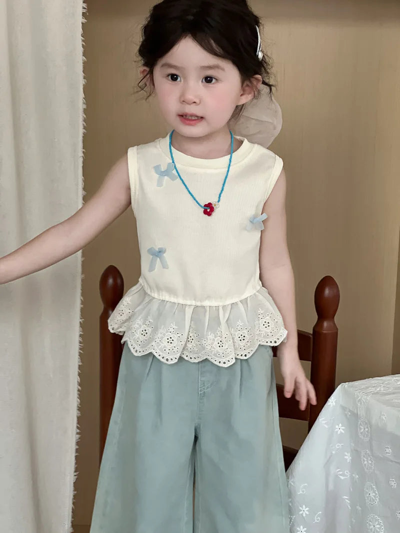 Children Clothes Girl 1-8 Y Baby Girls Clothes Cotton Sleeveless Top with Bowknot and Lace Trim Soft and Cute for Daily Wear