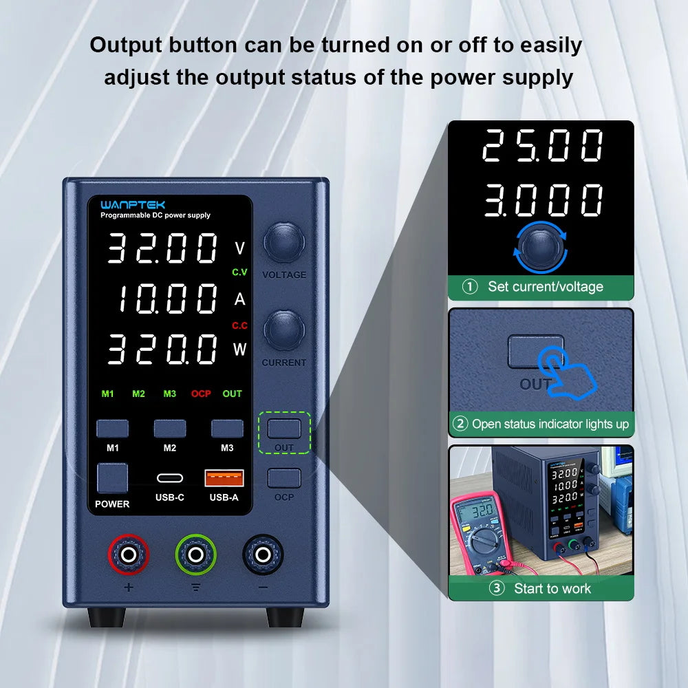 Wanptek Lab DC Power Supply Encoder adjustment Memory Adjustable 30V 10A Bench Power Source 160V 120V 60V 5A 3A Metal anodizing