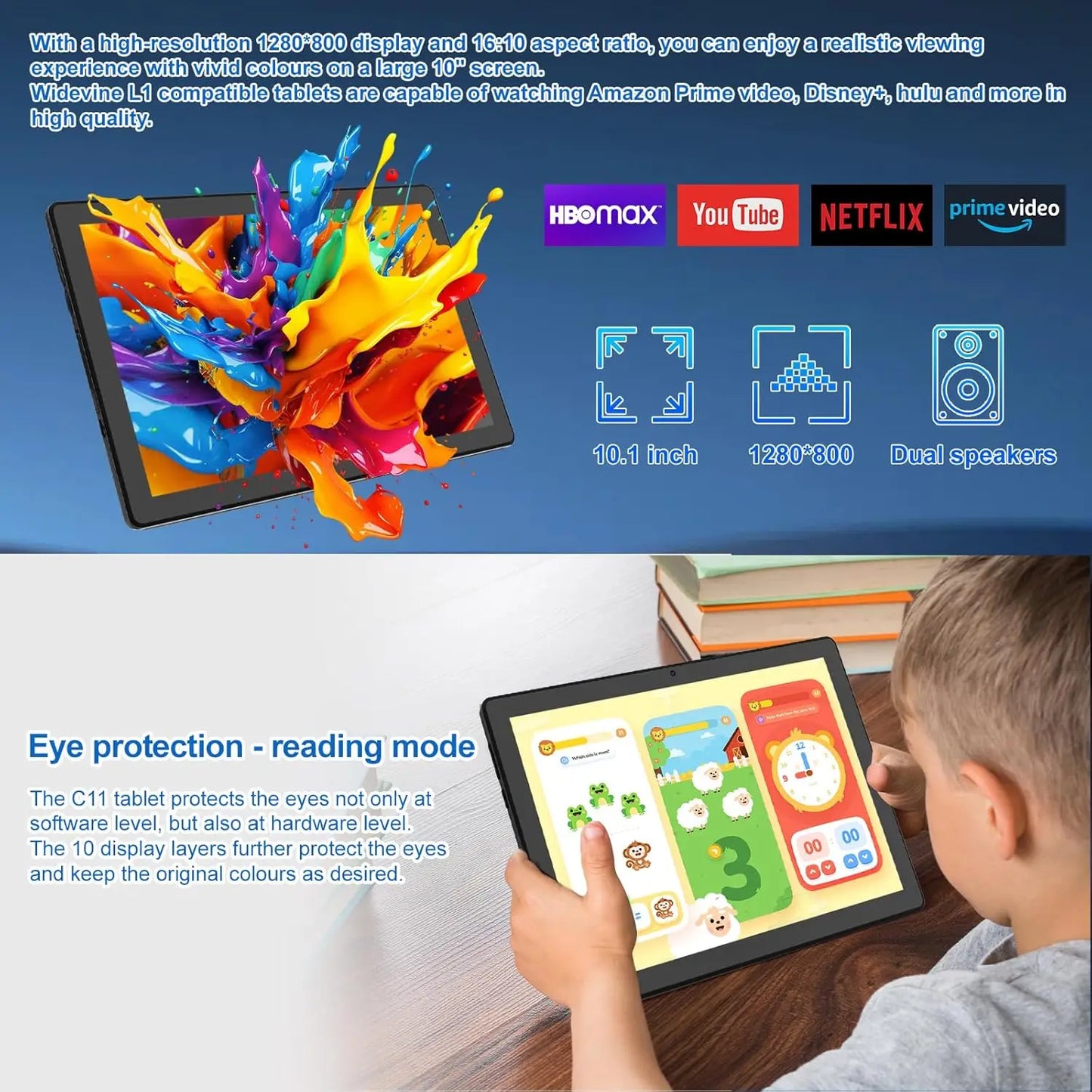 URAO C11 PC Tablet 10 Inch Android 14 Tablet 8GB RAM+64GB ROM +1TB Expansion CPU A523 Octa-Core 8MP+5MP Camera Face ID OTG WiFi