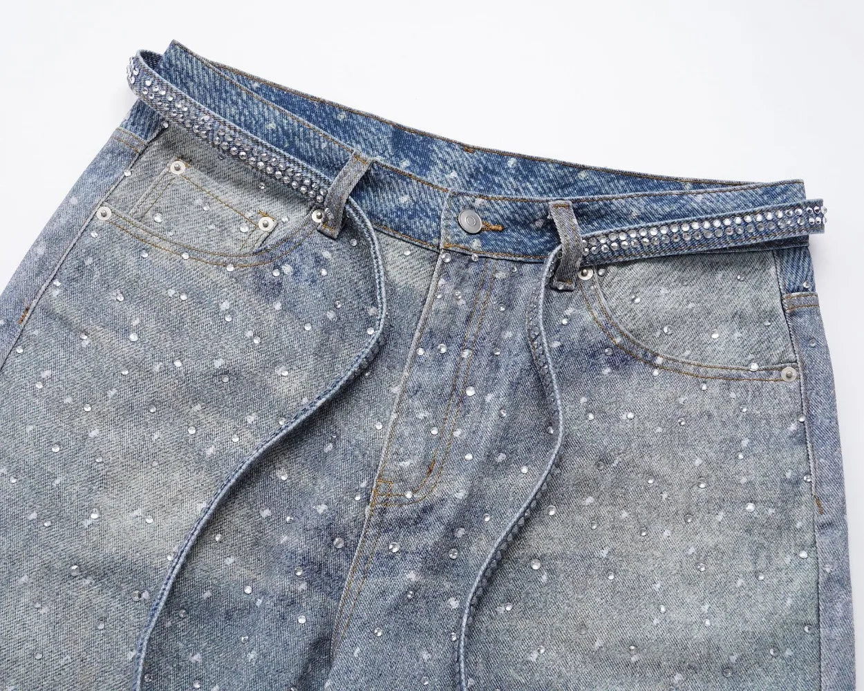 Tung Sung Full Diamond Printing Diamond Belt Wash Casual Loose Straight Jeans Hip Hop Y2k Men’s Jeans