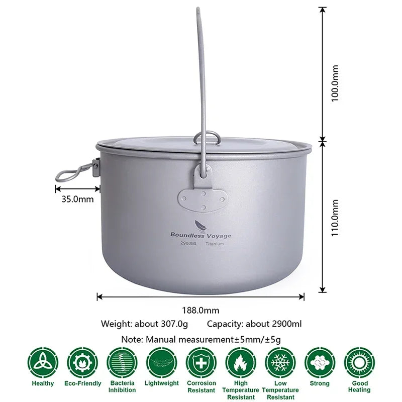 Boundless Voyage Outdoor Camping Titanium Cooking Pots Hanging Pot with Handle Picnic Hiking Kettle Cookware 1.3L 1.95L 2.9L