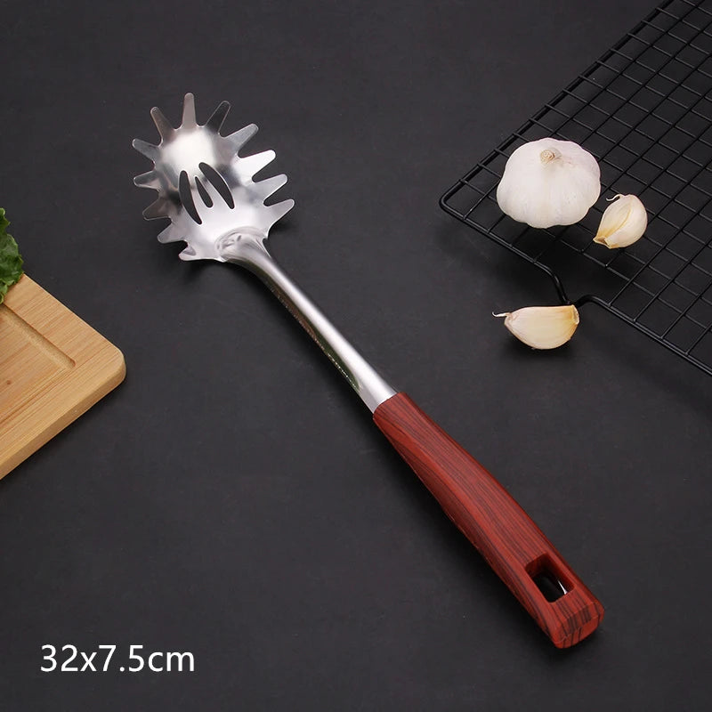 Wooden Handle Frying Spatula Tongue Spoon Stainless Steel BBQ Meat Fork Colander Home Cooking Pots Set Kitchen Accessories
