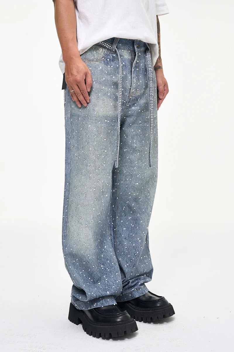 Tung Sung Full Diamond Printing Diamond Belt Wash Casual Loose Straight Jeans Hip Hop Y2k Men’s Jeans