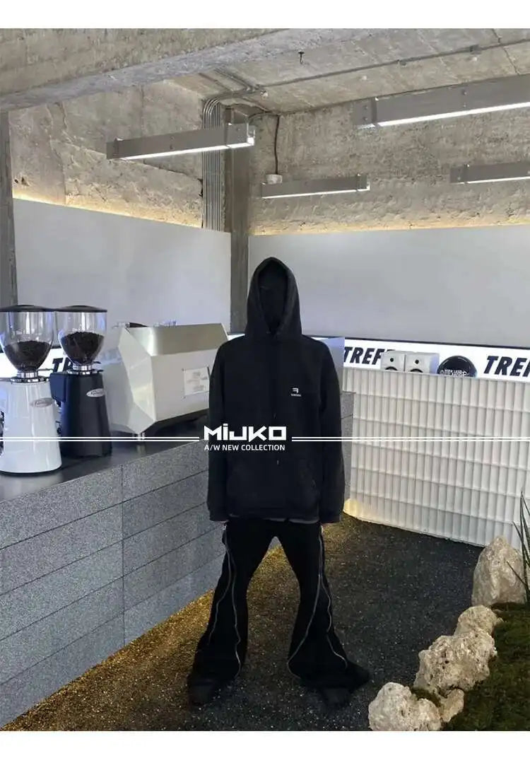 HKSH Men's Tide Streetwear Jeans RO Style Women's Autumn Winter Urban Spiral Track Twisted Large Zipper Dark Denim Pants HK1407