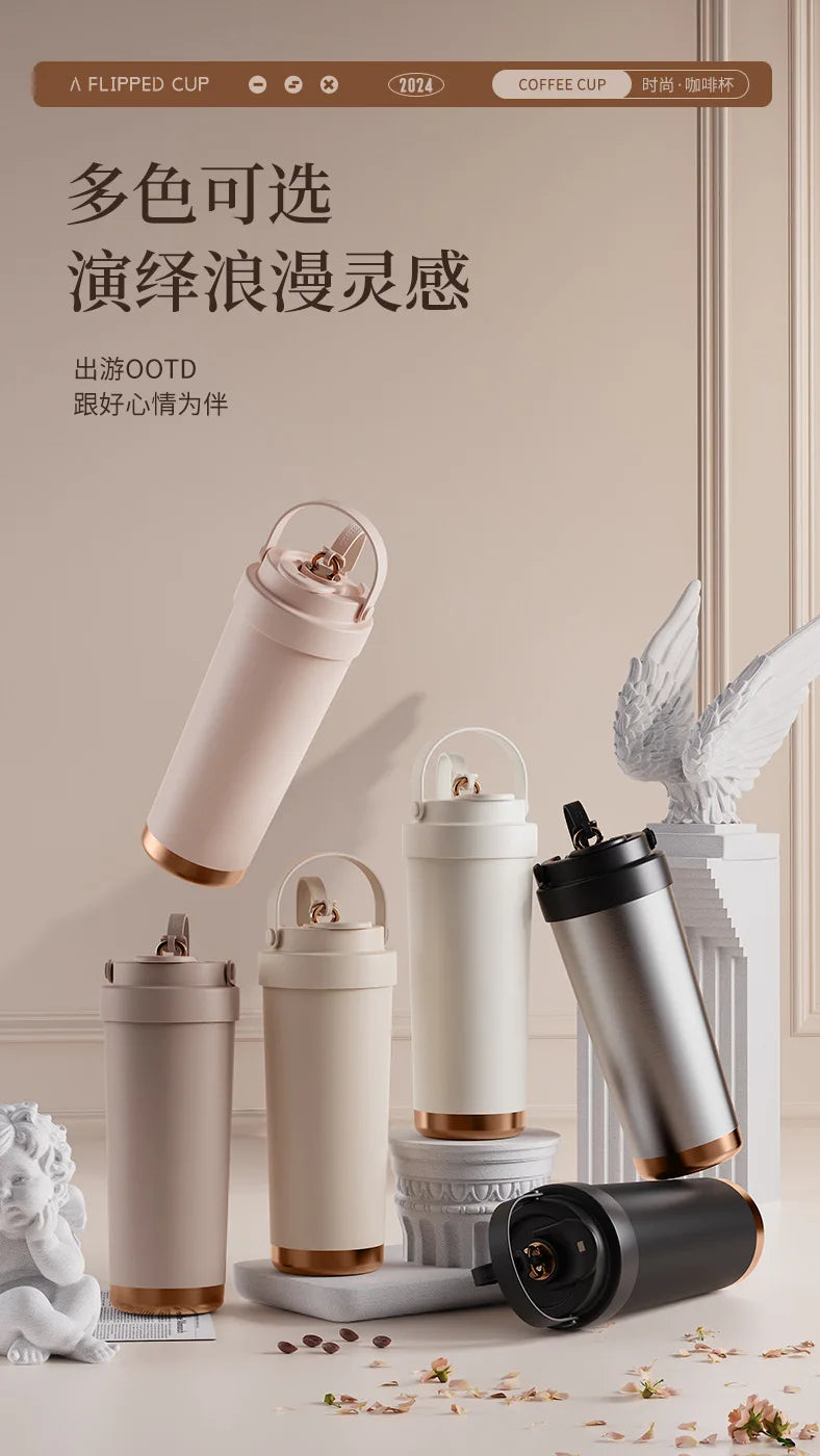 Large capacity ceramic inner pot insulated cup, women's office dual drink coffee cup, portable straw, car water cup