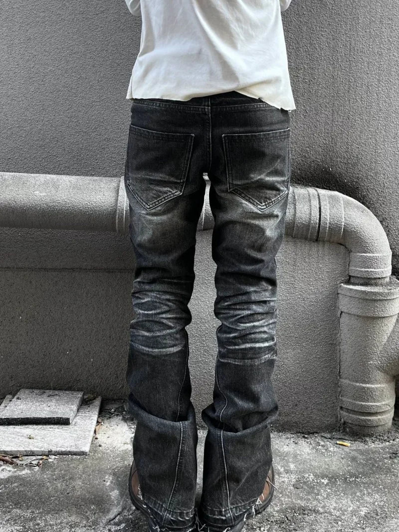 American High Street Men Jeans Y2K Retro Streetwear Embossed Crack Washing Old Loose Casual High Waist Straight Jeans