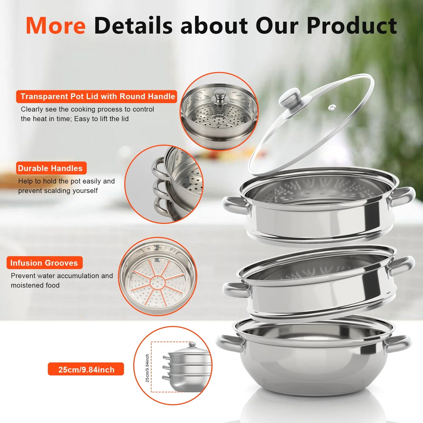 28CM 3-Tier Stainless Steel Thick Steamer Pot Soup Steam Pot Universal Cooking Pots for Induction Cooker Gas Stove