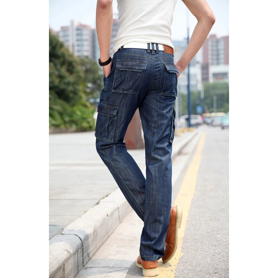High Quality Men's Jeans Multi Pocket Denim Cargo Pants Oversized Casual Pants Men Clothing Loose Trousers 29-44 A2F125
