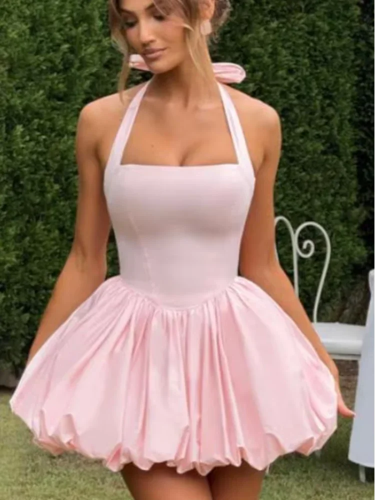 Elegant Pink Backless Pleated Lace-up Halter Mini Dress Women Off Shoulder Sleeve Puff Hem A-line Dresses Summer Lady Partywear