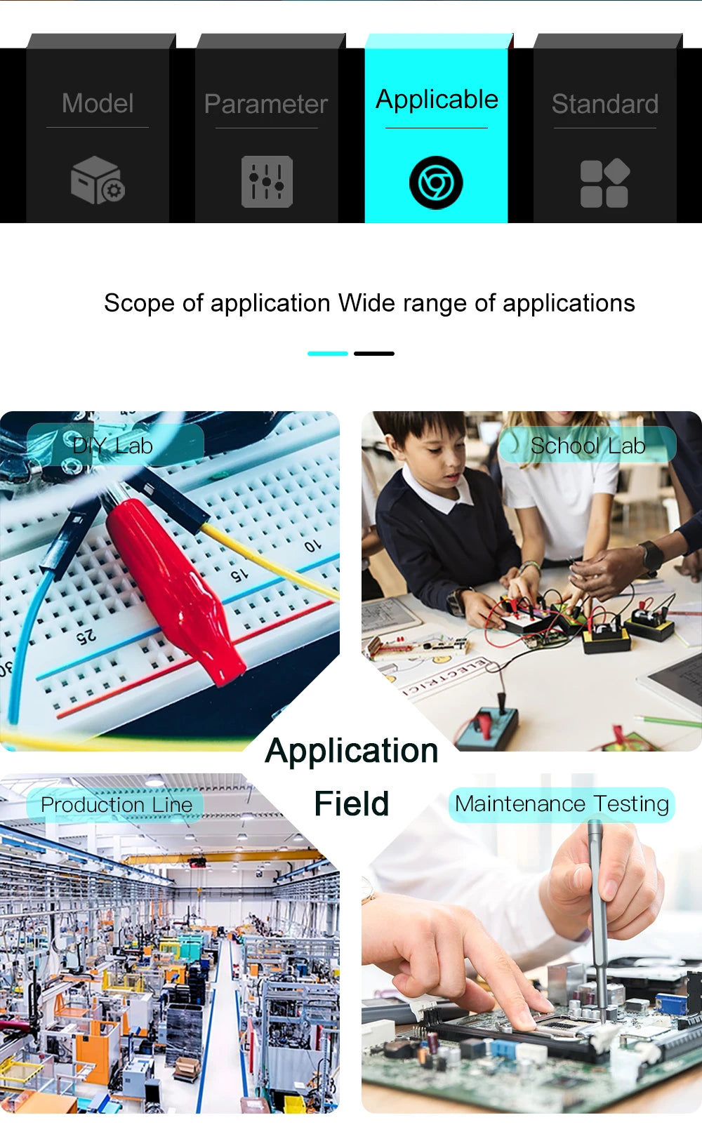 Adjustable DC power supply with 4-digit LED display, 5V/3.6A USB fast charging with encoder adjustment, output enable/disable