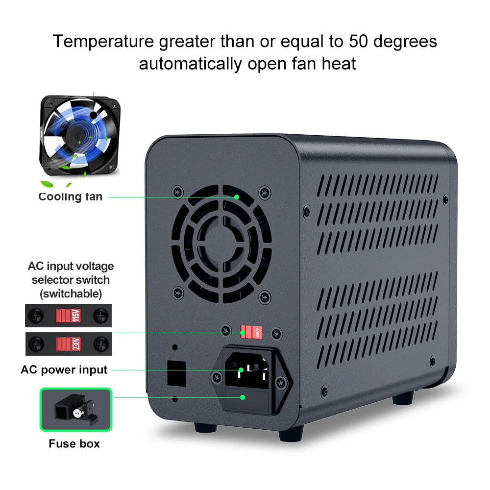 Adjustable DC power supply with 4-digit LED display, 5V/3.6A USB fast charging with encoder adjustment, output enable/disable