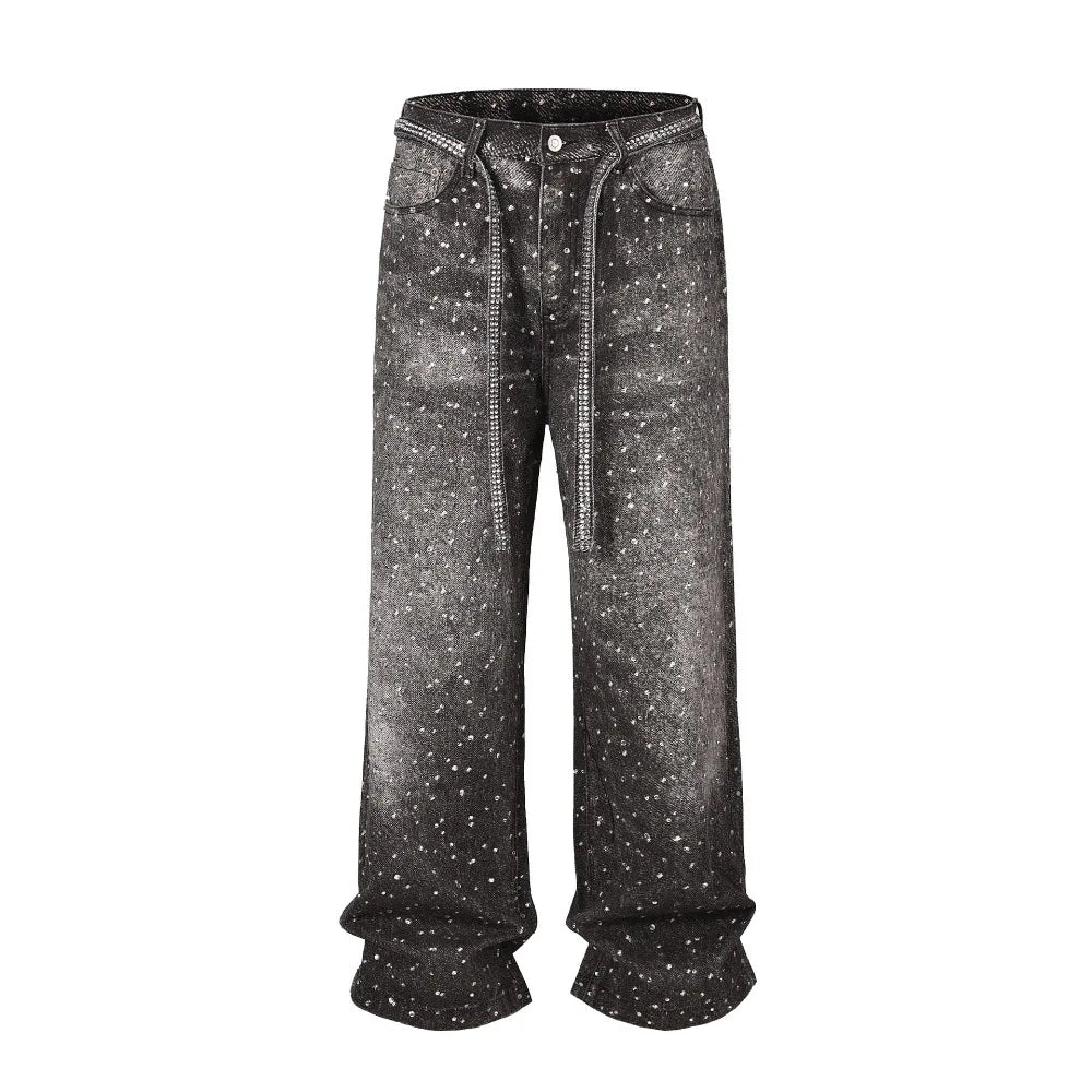 Tung Sung Full Diamond Printing Diamond Belt Wash Casual Loose Straight Jeans Hip Hop Y2k Men’s Jeans