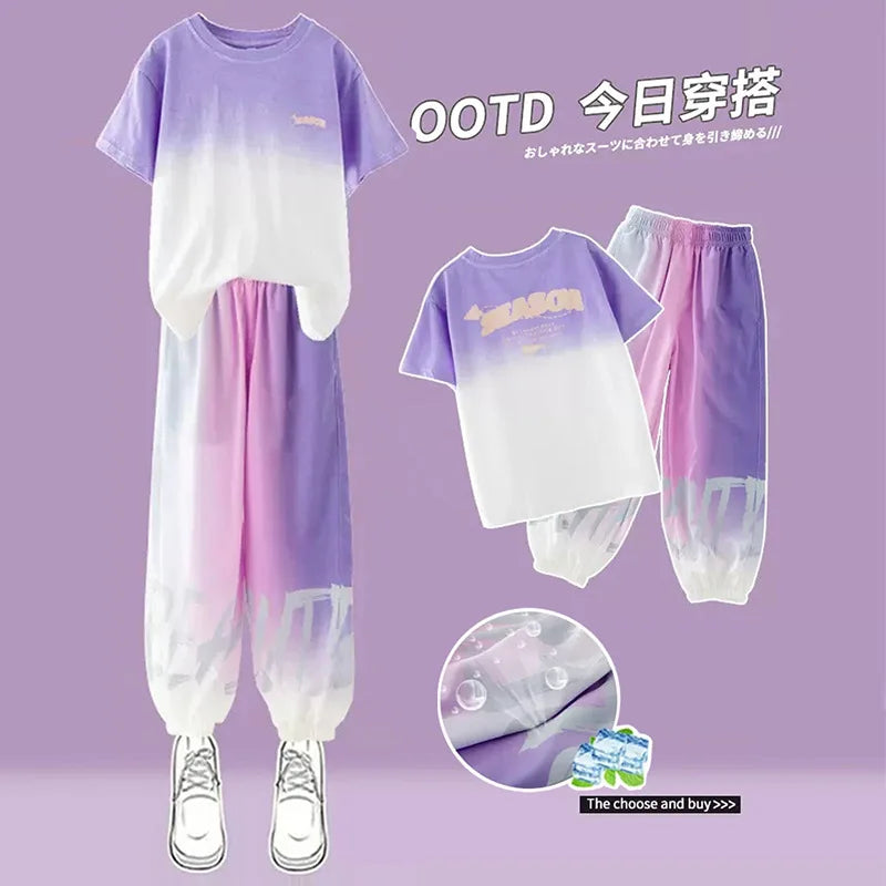 Children Clothes Girl Kids Top and Bottom Clothes Set Purple Gradient Color 2-piece Casual Sports Street Style Suit
