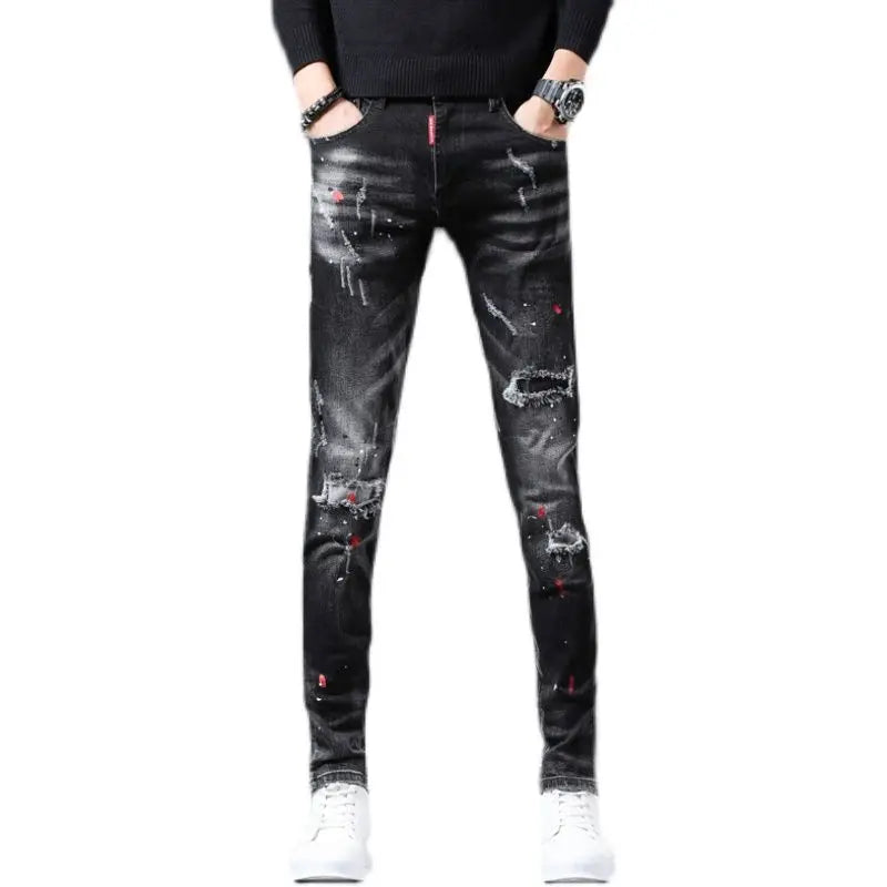 New Arrival Spring Autumn Denim Jeans for Men Slim Distressed Ripped Pants Paint Splatter Design Streetwear Luxury Slim Jeans