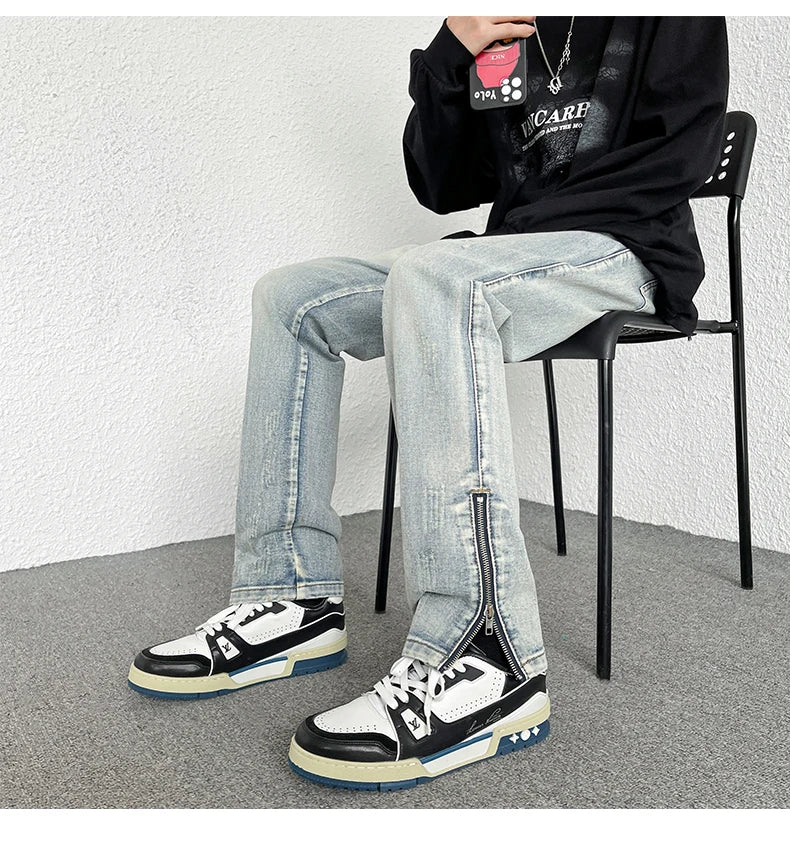 2024 Spring New Style Korean Style Men Fashionable Retro Street Jeans Zip Design on Trouser Legs Straight-leg Denim Pants Black