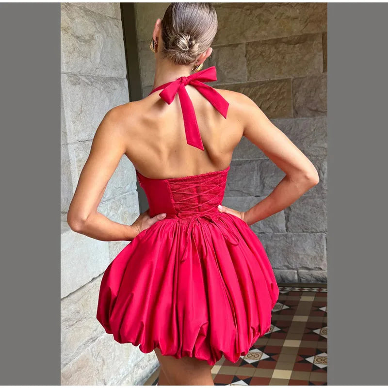 Elegant Pink Halter Pleated Mini Dress Women Lace-up Backless Off Shoulder Puff Hem A-line Short Gowns Summer Lady Party Robe