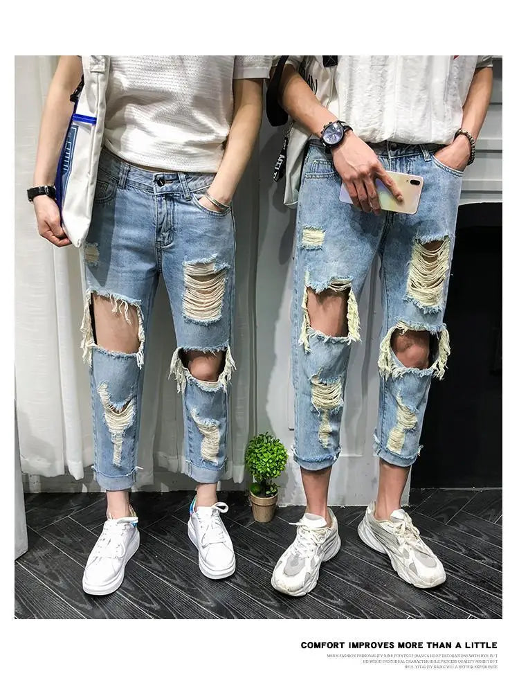 Men Jeans Knee Hole Ripped Stretch Skinny Denim Pants Solid Color  Autumn Summer Hip-Hop Style Slim Fit Trousers 2023 pantalones
