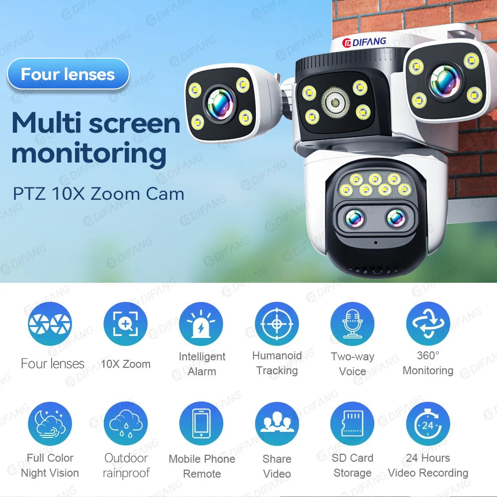 10K 20MP Home Security WiFi Camera Four Len Four Screen 360° PTZ 10X Zoom CCTV Wireless Surveillance IP Cam Security Protection