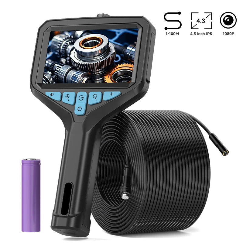 Industrail Endoscope Camera 4.3'' IPS Screen 2-100M HD1080P 8MM Probe Car Pipe Sewer Inspection Borescope Waterproof LED 2600mAh