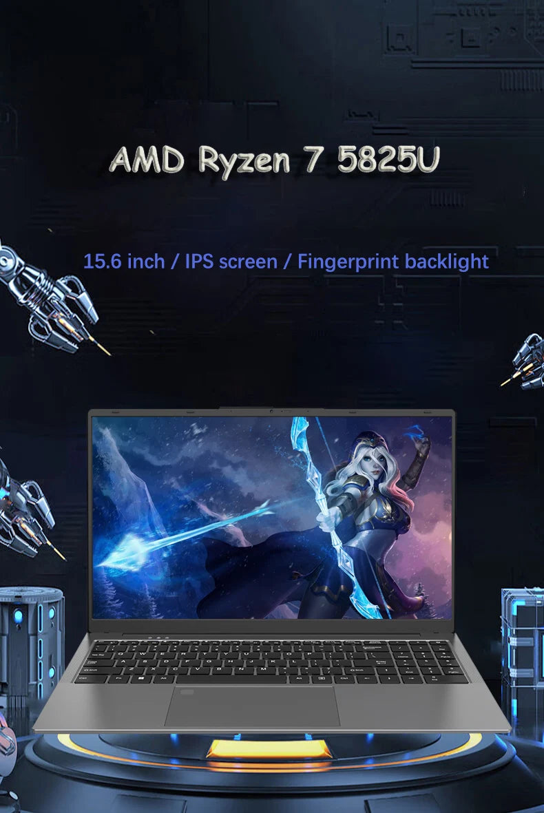 YSJMNPC New AMD Ryzen 7 5825U Laptop 15.6Inch IPS Screen Gaming Laptop 2*DDR4 MAX 64GB 2*SSD Windows11 Fingerprint Notebook WIFI