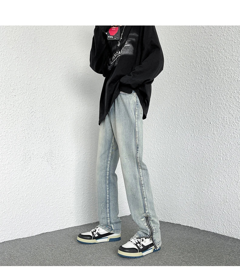 2024 Spring New Style Korean Style Men Fashionable Retro Street Jeans Zip Design on Trouser Legs Straight-leg Denim Pants Black