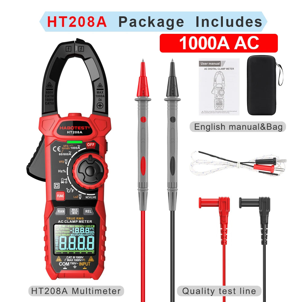 HT208A/D AC/DC Digital Clamp Meter Meter Multimeter Pinza Amperimetrica True RMS High Precision Capacitance NCV Ohm Hz Tester